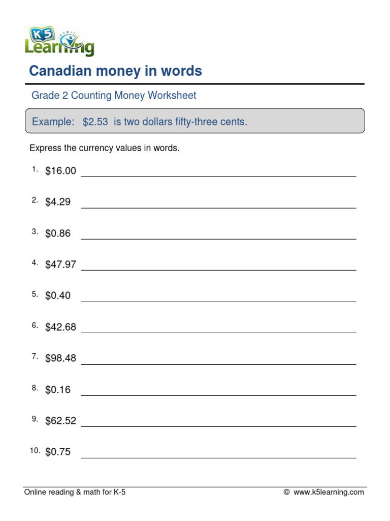 Grade 2 Canadian Money in Words A | PDF
