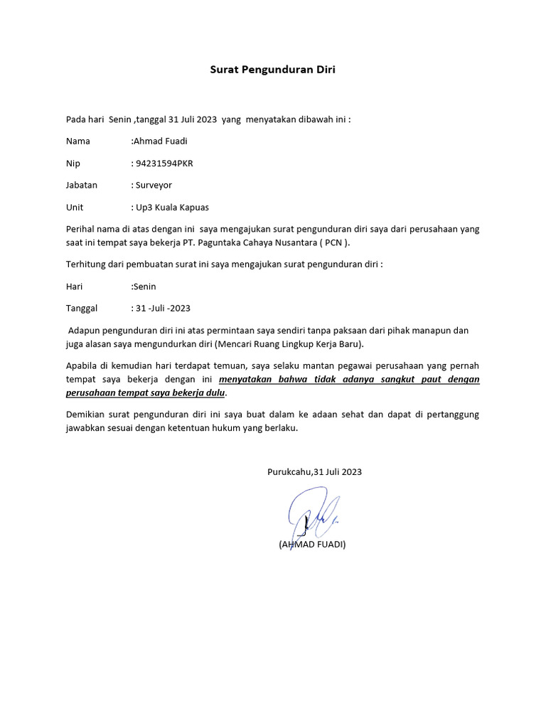 Surat Pengunduran Diri (AHMAD FUADI) | PDF