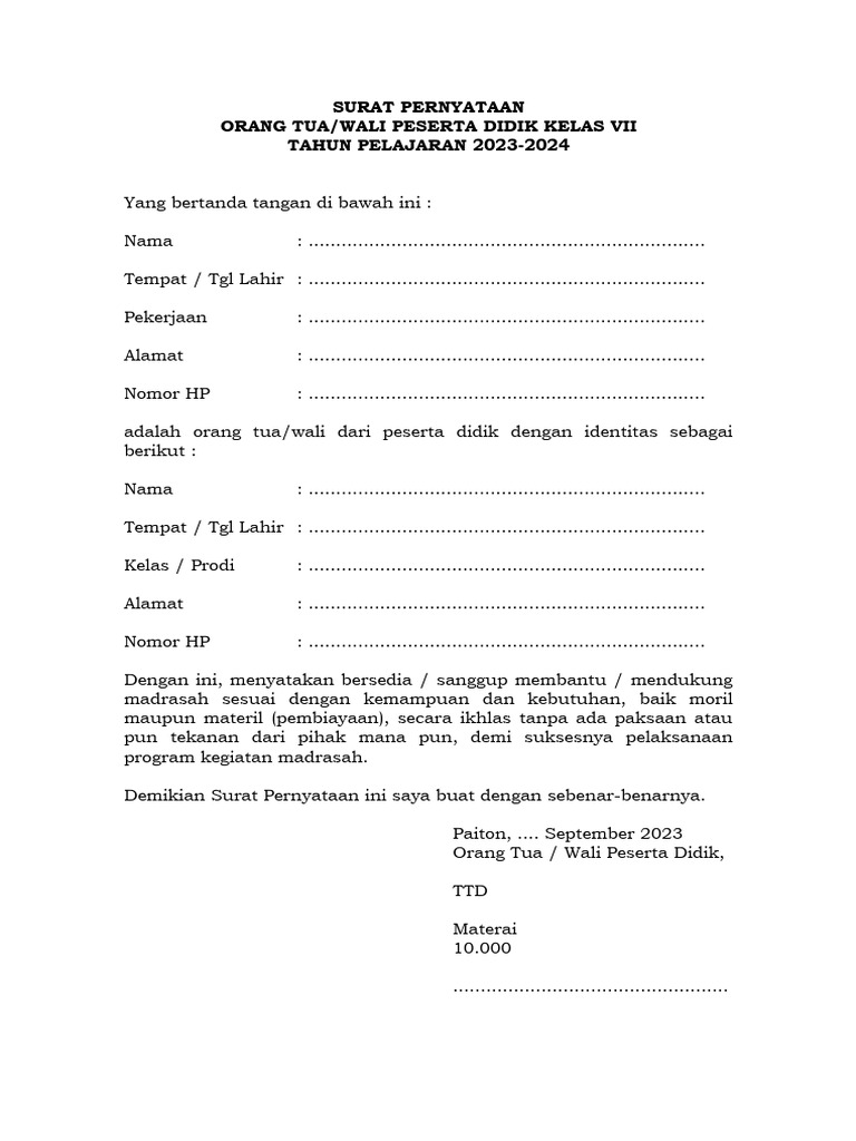 Surat Pernyataan Orangtua Wali | PDF