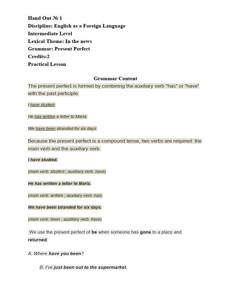 Present Perfect Lesson Download Free Pdf Verb Linguistics