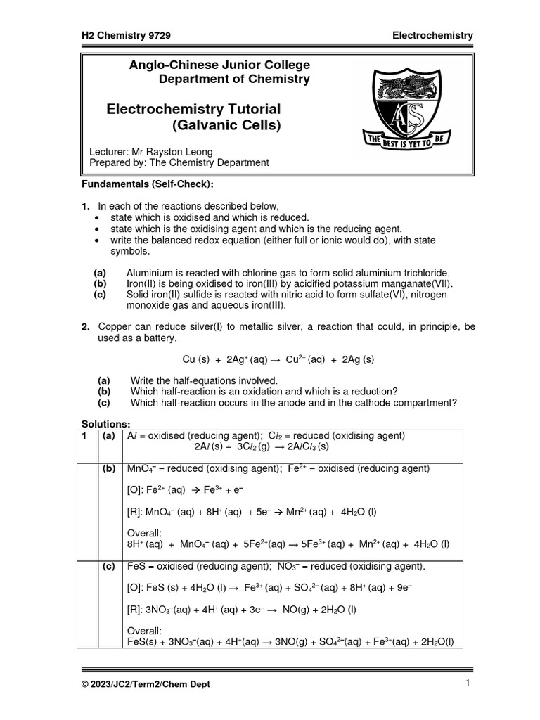 Electrochemistry Tutorial 2023 Qns and Ans PDF