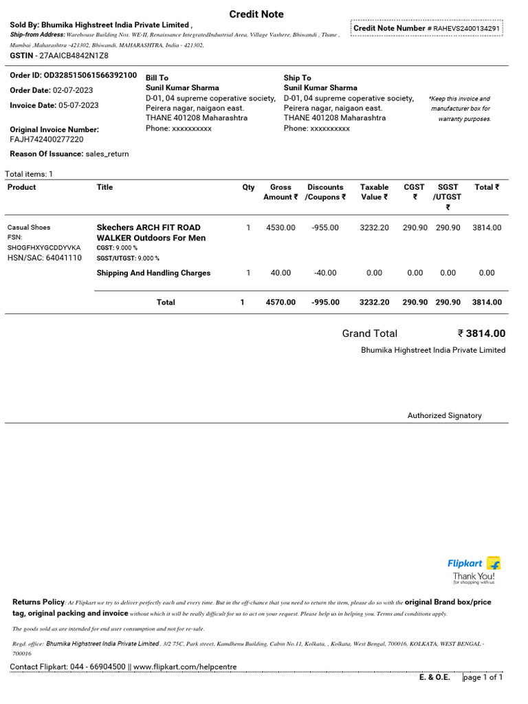 Invoice for Skechers Casual Shoes | PDF