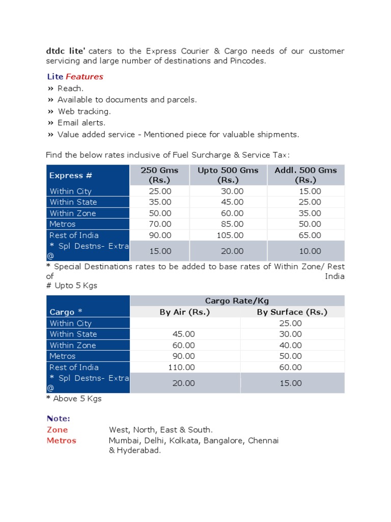 DTDC Lite Courier Charges Overview | PDF | Business