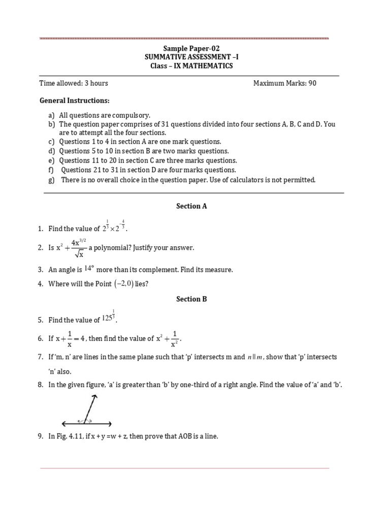 Class IX Mathematics Sample Paper | PDF | Factorization | Triangle