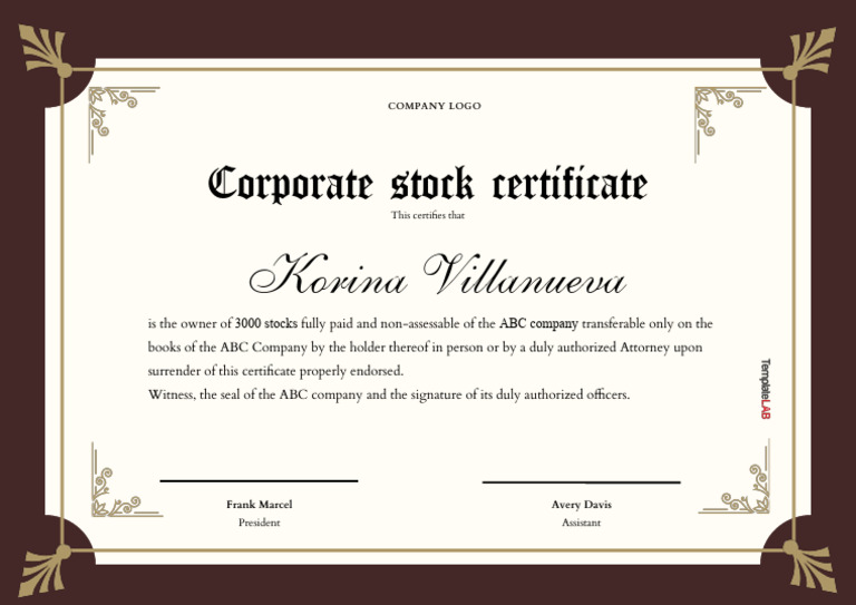 Corporate Stock Certificate Template 2 PDF