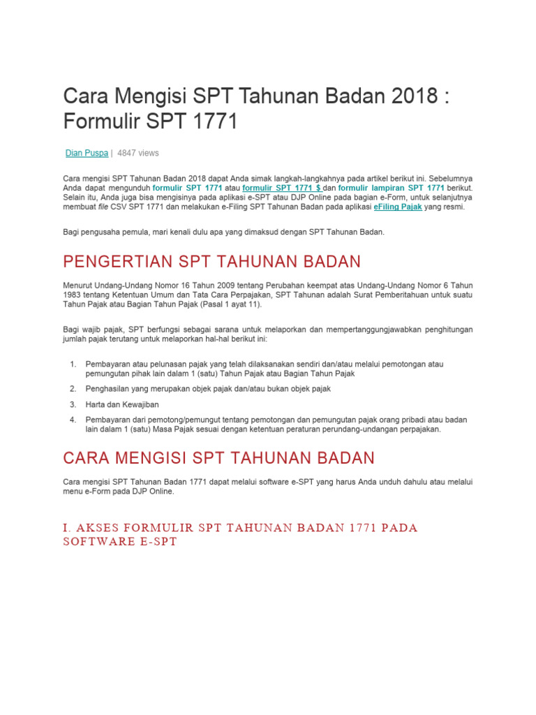 Cara Mengisi SPT Tahunan Badan 2018 | PDF