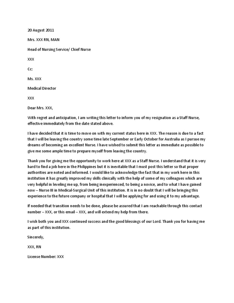 Nurse Resignation Letter Pdf Nursing Health Sciences