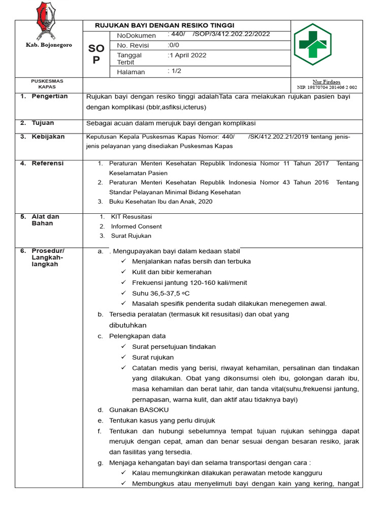 16.sop Rujukan Bayi Dengan Resiko Tinggi | PDF