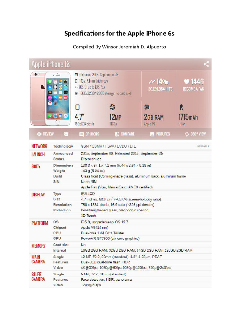Specifications of The Apple Iphone 6s PDF