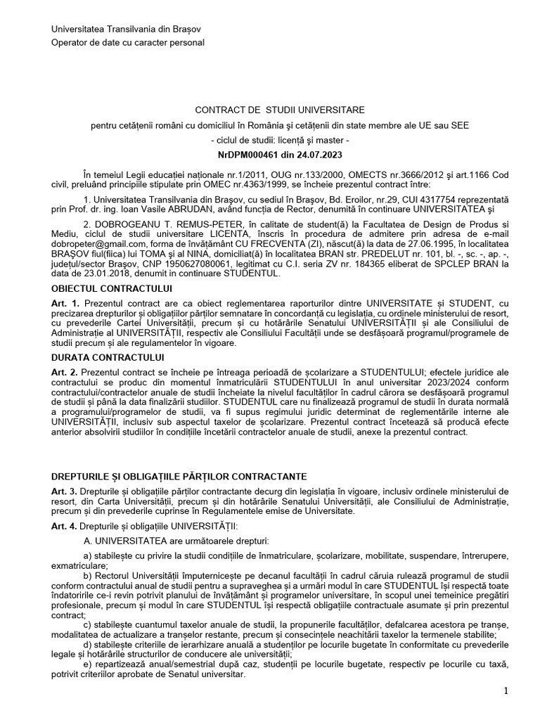 Model Contract Studii Unitbv | PDF