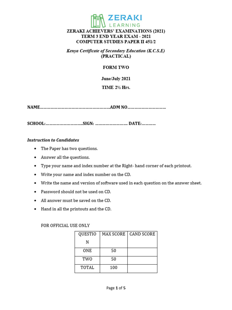 Computer Studies Form 2 Paper 2 Exam | PDF