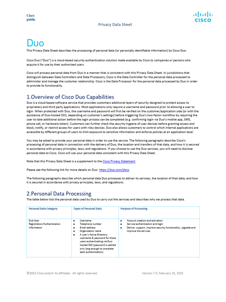 Cisco Duo Privacy Data Sheet Overview | PDF | Security | Computer Security