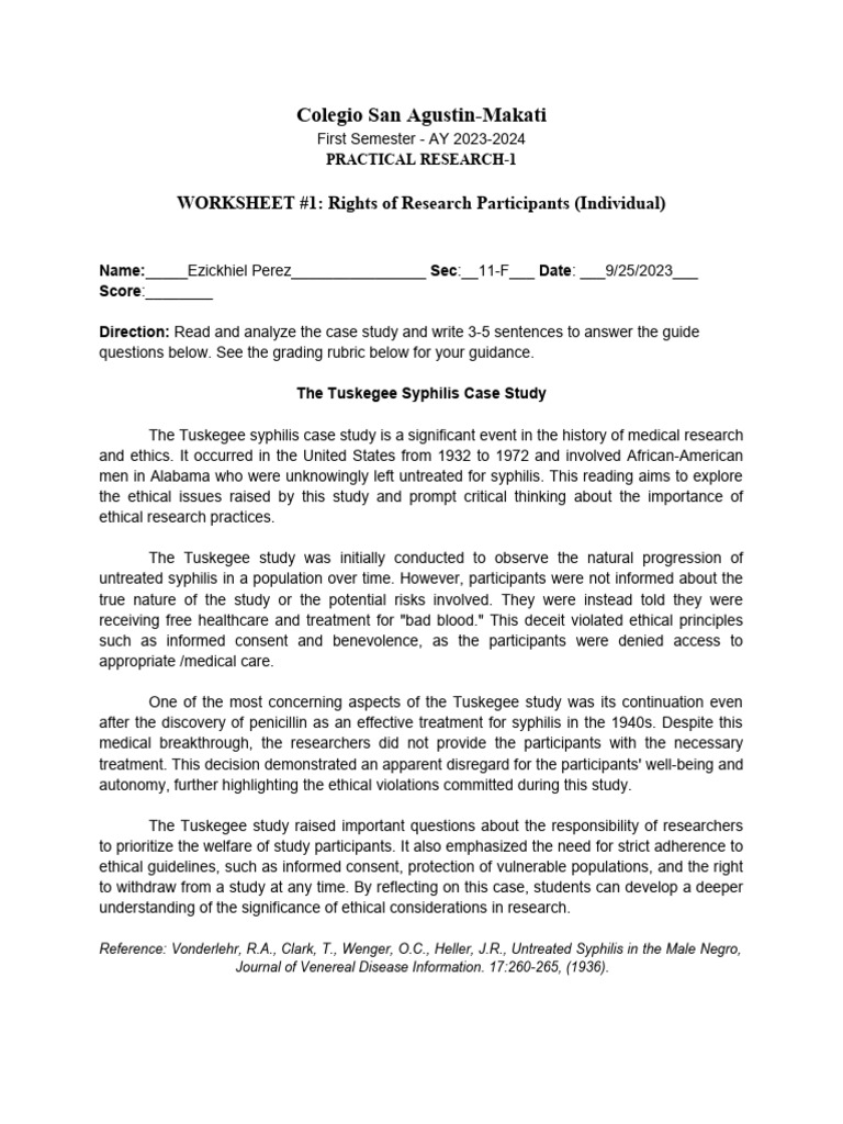 PR1 WORKSHEET 1 Rights of Research Participants Individual | PDF ...