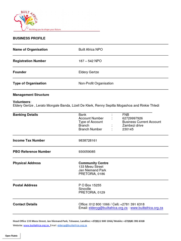 Built Africa NPO Contact and Profile | PDF | Career & Growth | Business