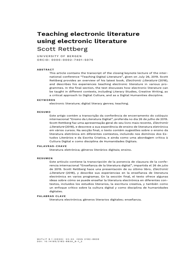 Teaching Electronic Literature Using Electronic Literature Pdf