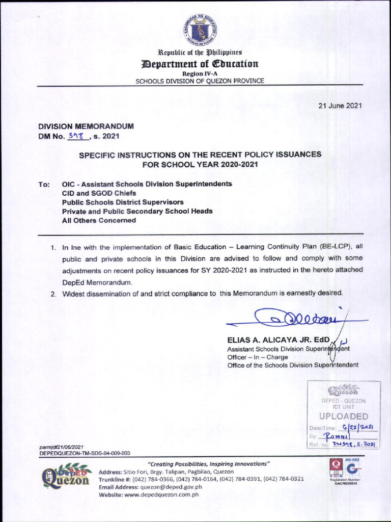 DM 398, S. 2021-Recent Policy Issuance | PDF | Philippines | Government