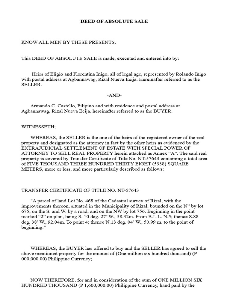 Deed of Absolute Sale | PDF | Deed | Title (Property)