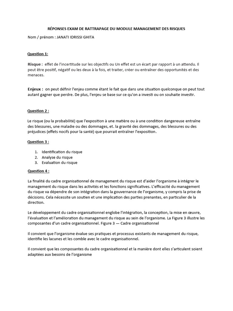 Réponses Exam de Rattrapage Du Module Management Des Risques | PDF ...