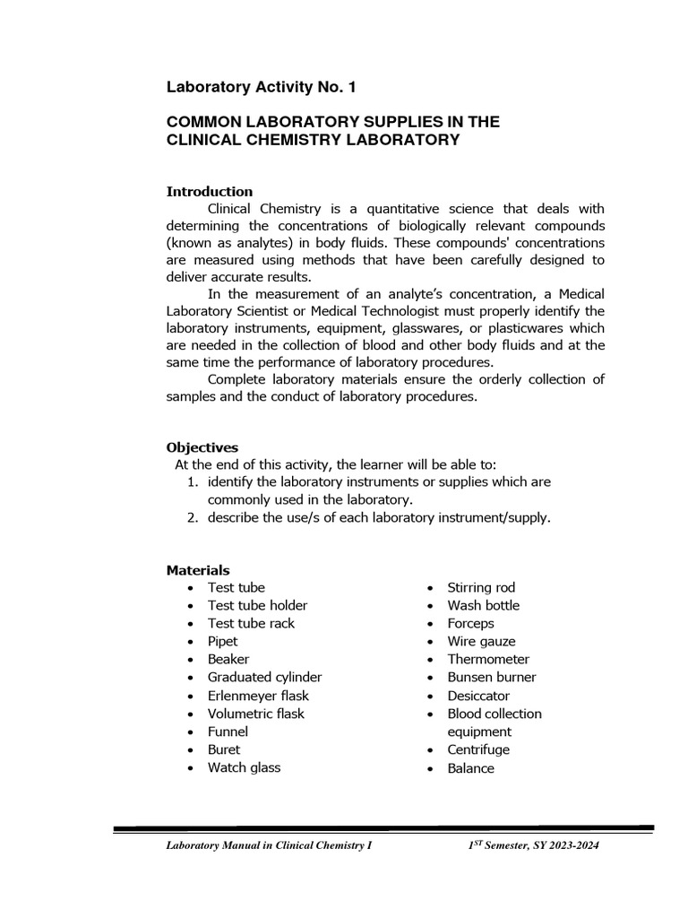 Activity 1.a Common Lab Supplies in The CC 1 Lab PDF