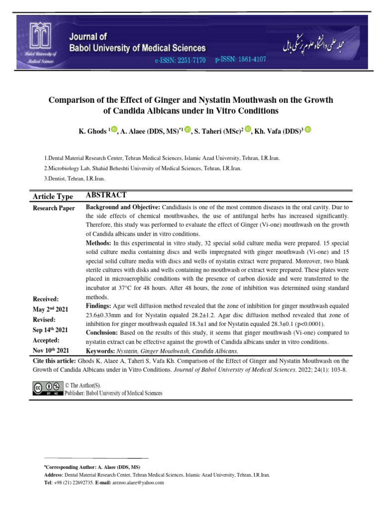 Comparison of the Effect of Ginger and Nystatin Mouthwash on the Growth