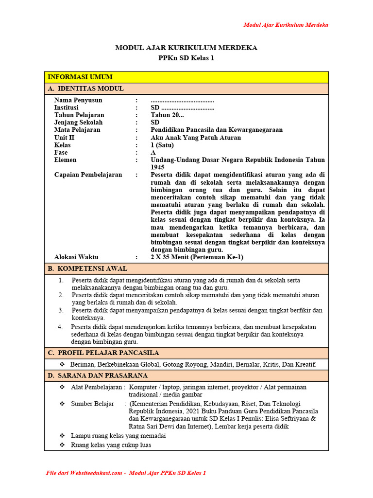 Modul Ajar PPKn SD Kelas 1 Merdeka | PDF | Karier & Perkembangan ...