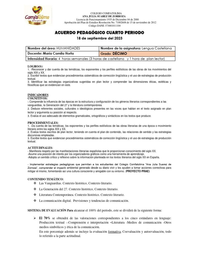 Acuerdo Pedagogico 4° Periodo - 10° | PDF | Plan de estudios | Evaluación