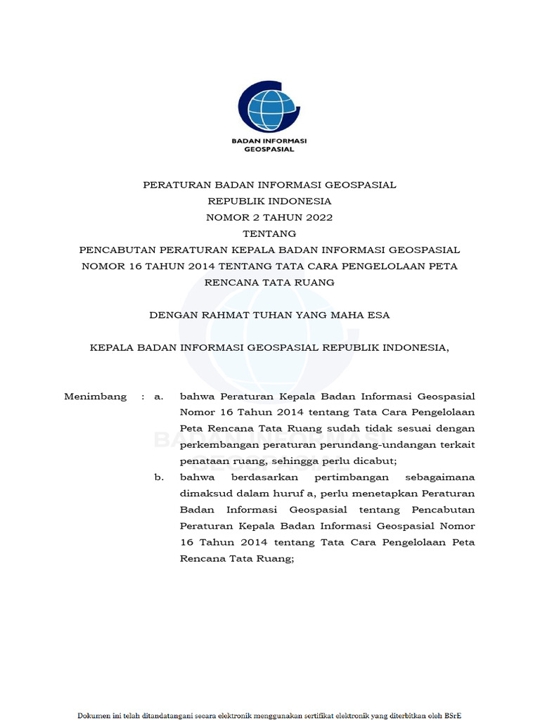 Dokumen Peraturan Badan Informasi Geospasial Nomor 2 Tahun 2022 | PDF