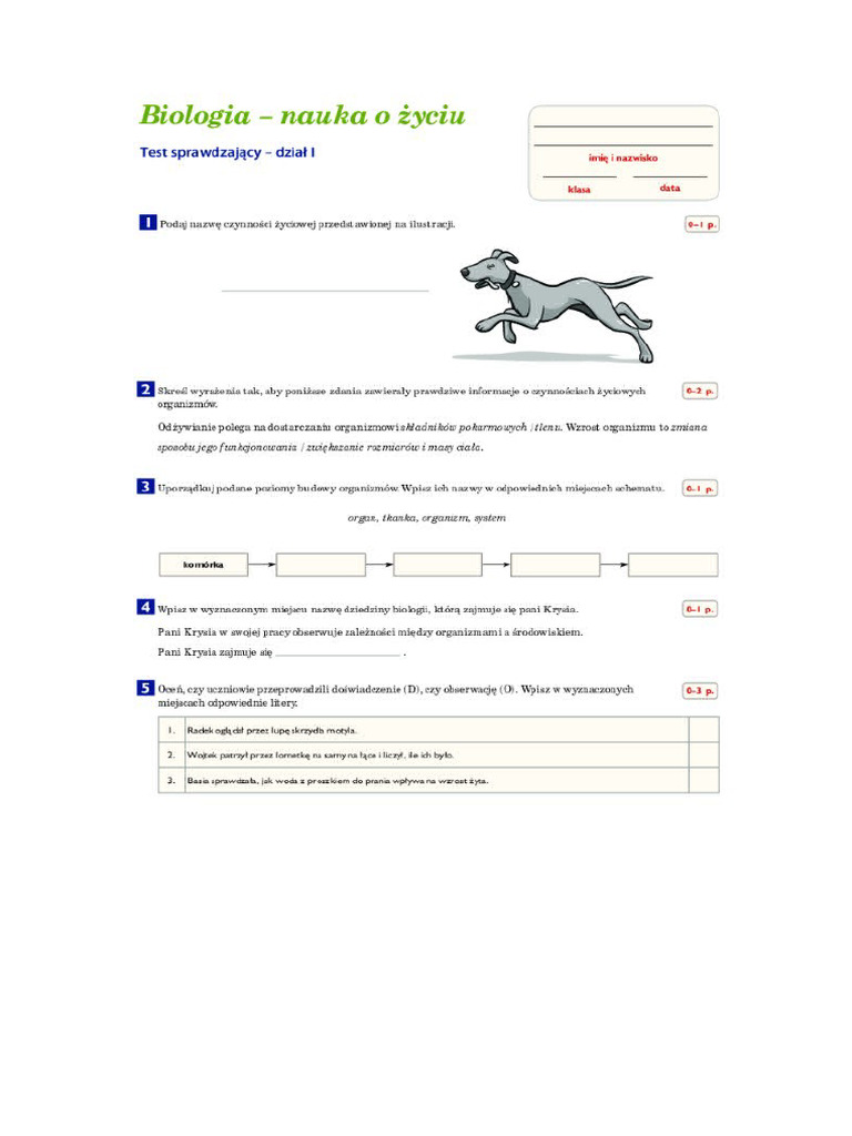 Biologia Nauka O życiu Sprawdzian Klasa 5 Biologia Nauka o Zyciu | PDF