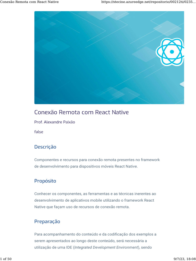 Conexão Remota com React Native | PDF | Transferência de estado ...