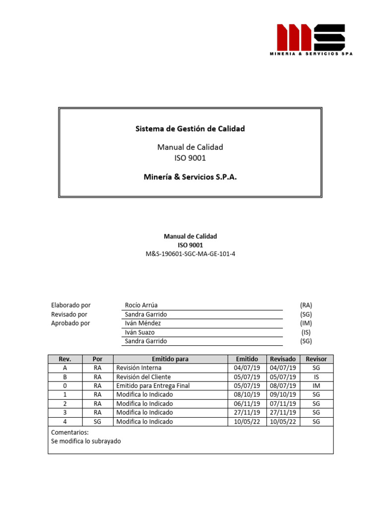 M&S-190601-SGC-MA-GE-101-4 Manual de Calidad - Vigencia 10-05-22 | PDF