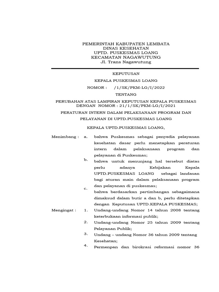 Peraturan Intern Puskesmas Loang 2022 | PDF | Bisnis | Teknologi & Rekayasa