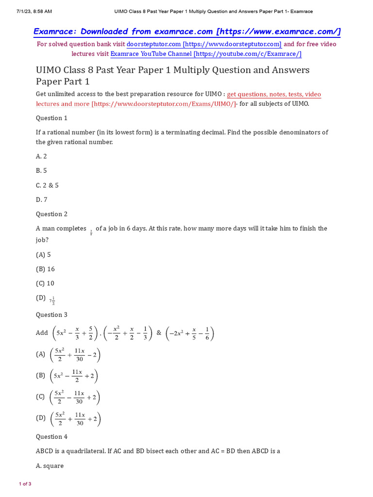 UIMO Class 8 Paper 2022 Part 1 PDF