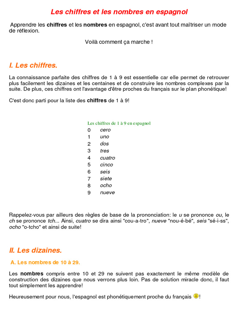 Les Nombres En Espagnol De 1 à 30 Les Chiffres Et Les Nombres en Espagnol | PDF