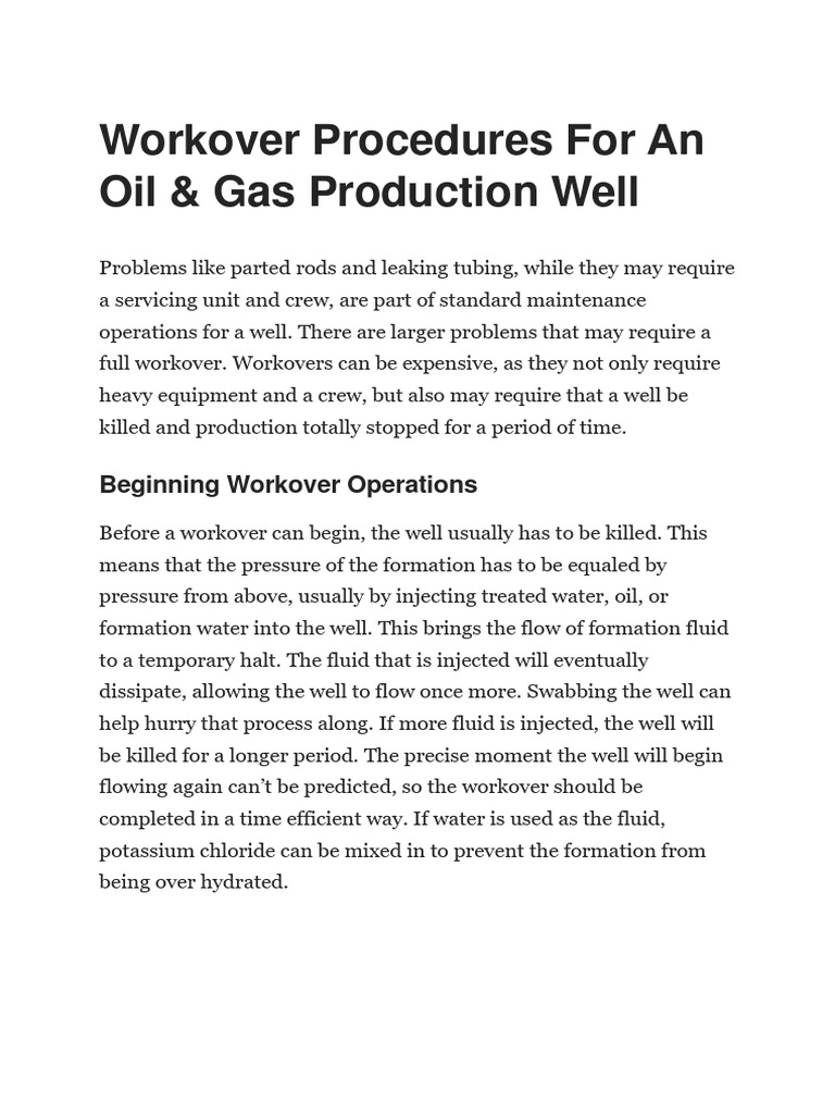 Workover Procedures For An Oil PDF Blowout (Well Drilling) Pipe (Fluid Conveyance)