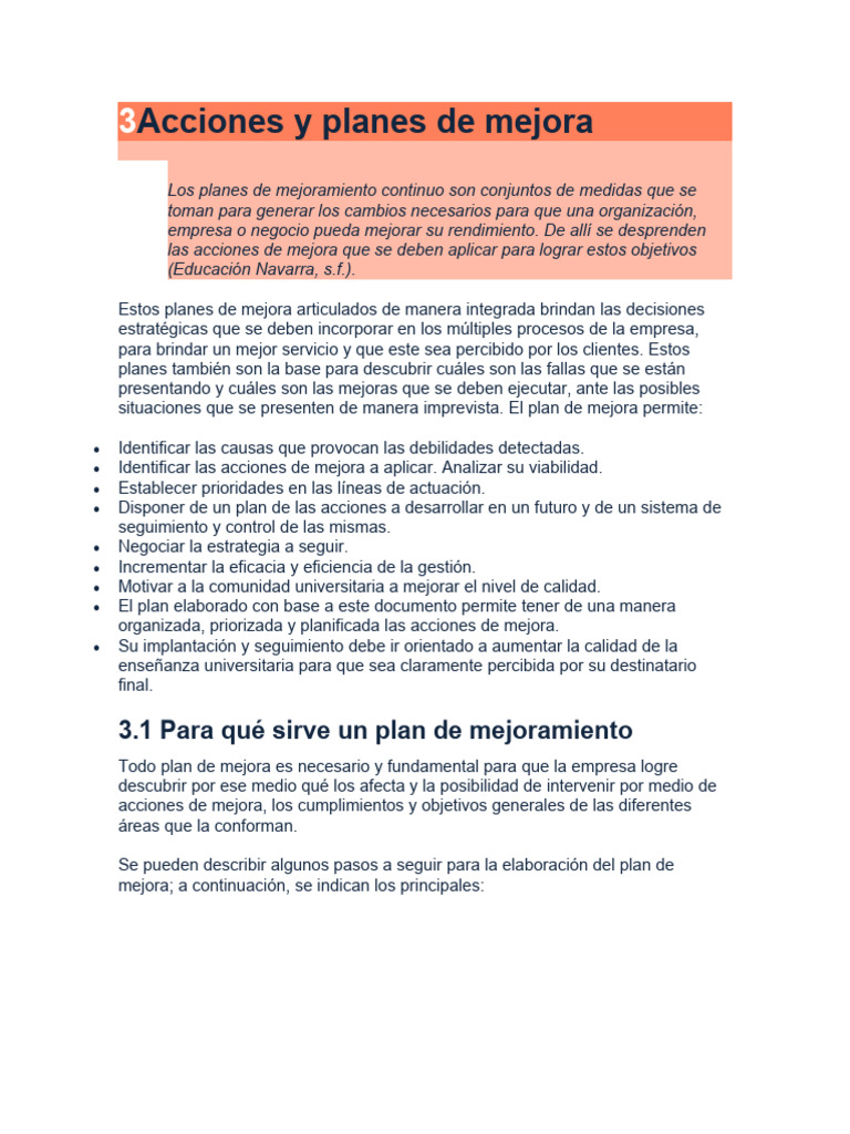 Acciones y Planes de Mejora Empresarial | PDF | Business | Procesos de ...