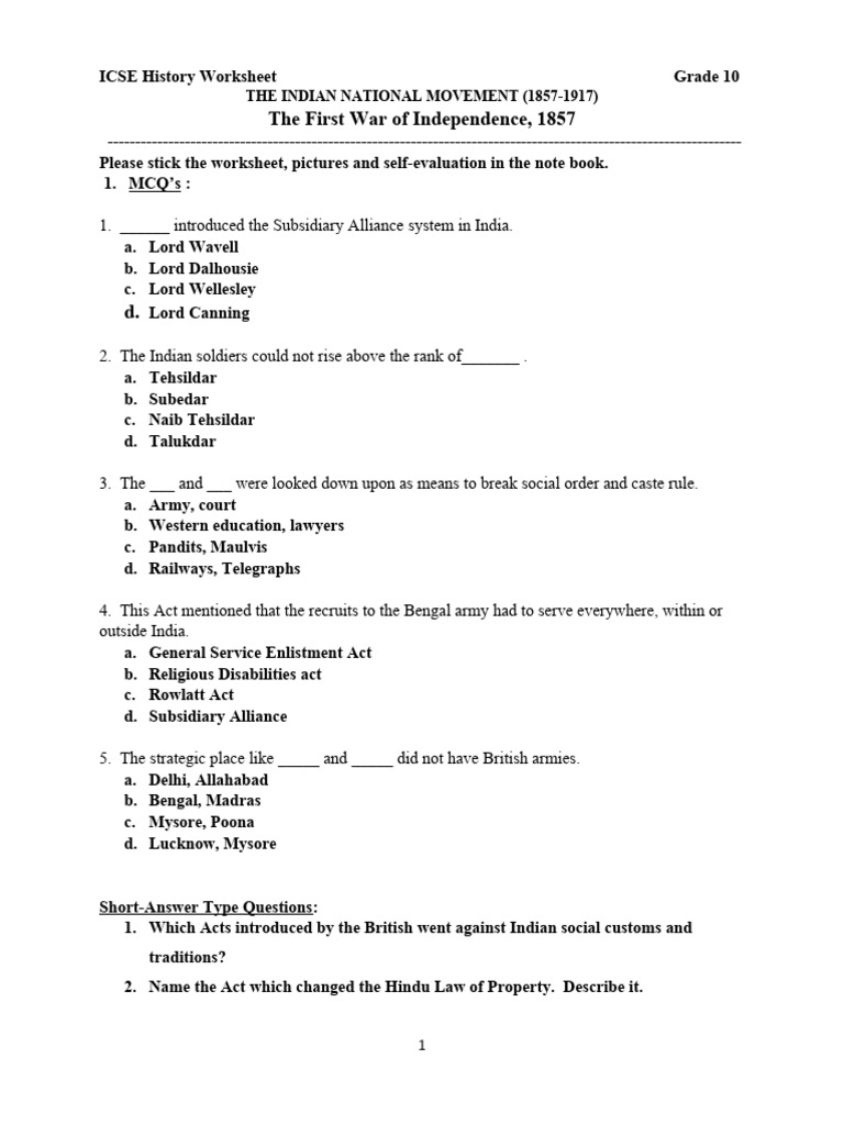 First War of Independence 1857 Worksheet 2023 | PDF | Indian Rebellion ...