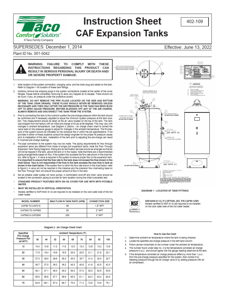 CAF Expansion Tank Installation Guide | PDF | Water Heating | Valve
