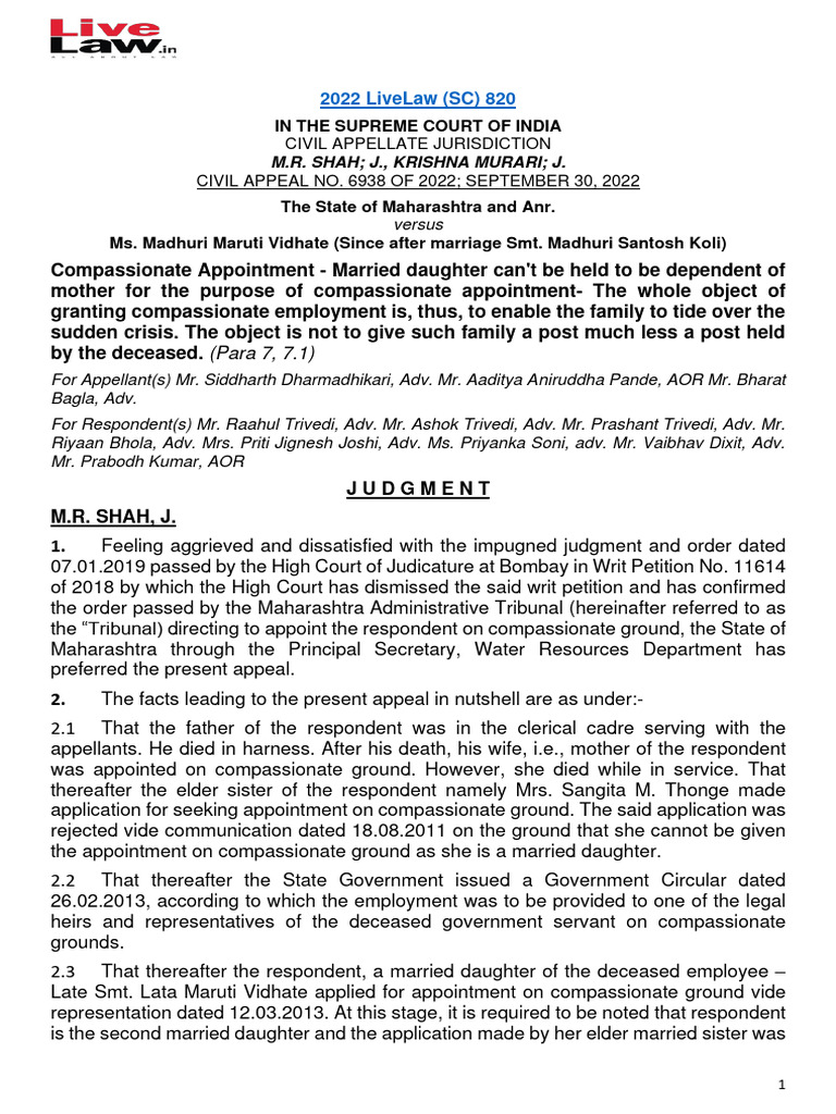 Compassionate Appointment Ruling in Maharashtra | PDF | Judgment (Law ...