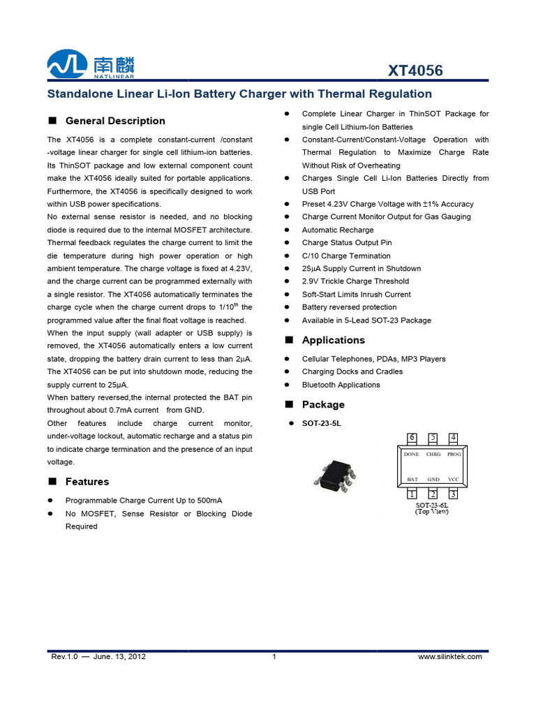 XT4056 Linear Li-Ion Charger Overview | PDF | Lithium Ion Battery ...
