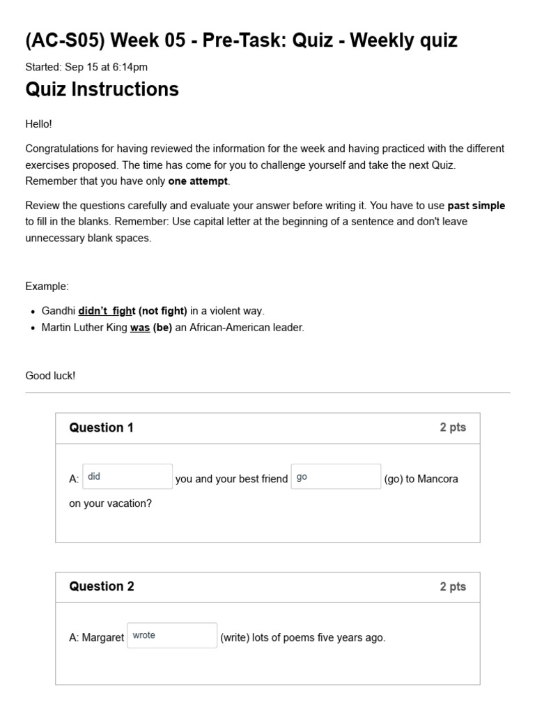 Week 05 Quiz: Past Simple Practice | PDF