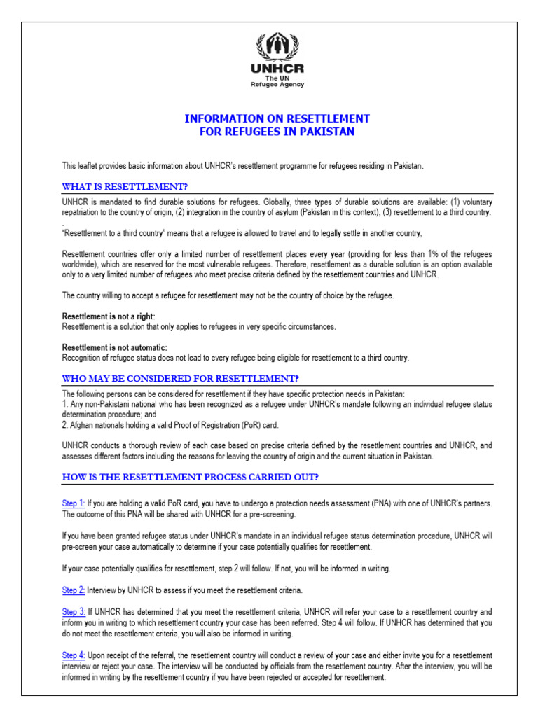 UNHCR Resettlement Process in Pakistan | PDF