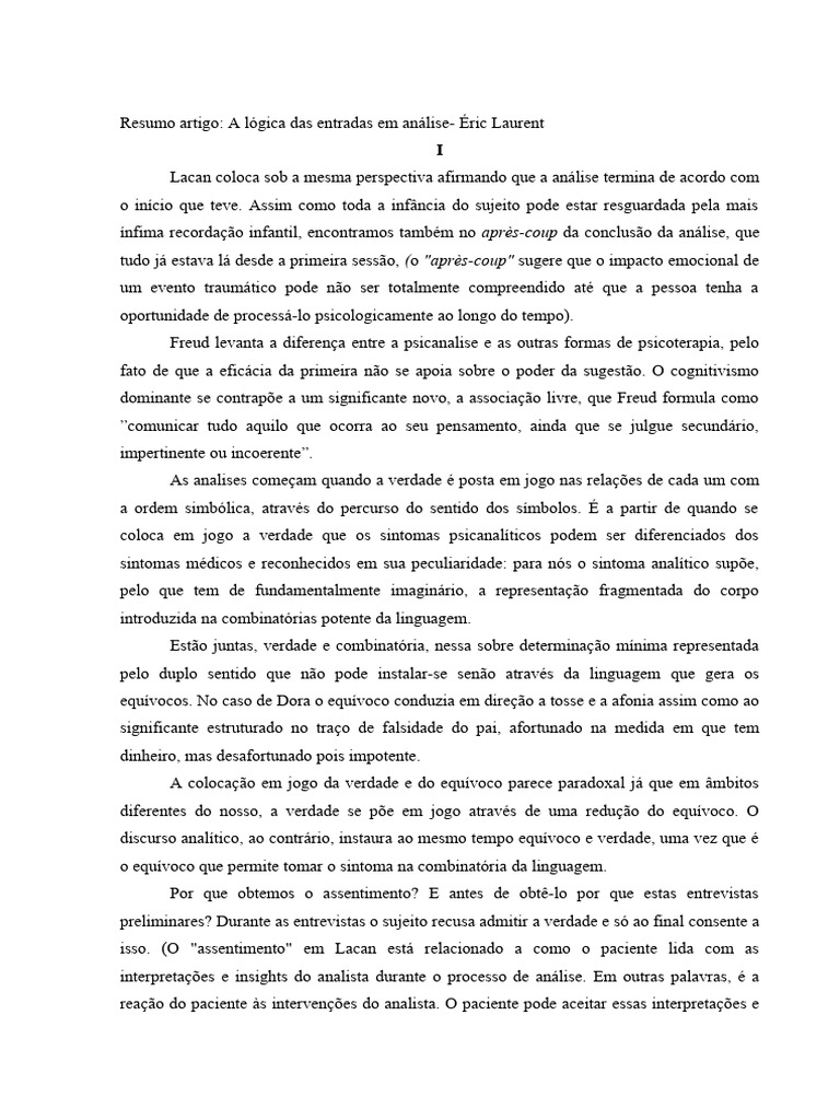Resumo artigo a l gica das entradas em an lise pdf jacques lacan