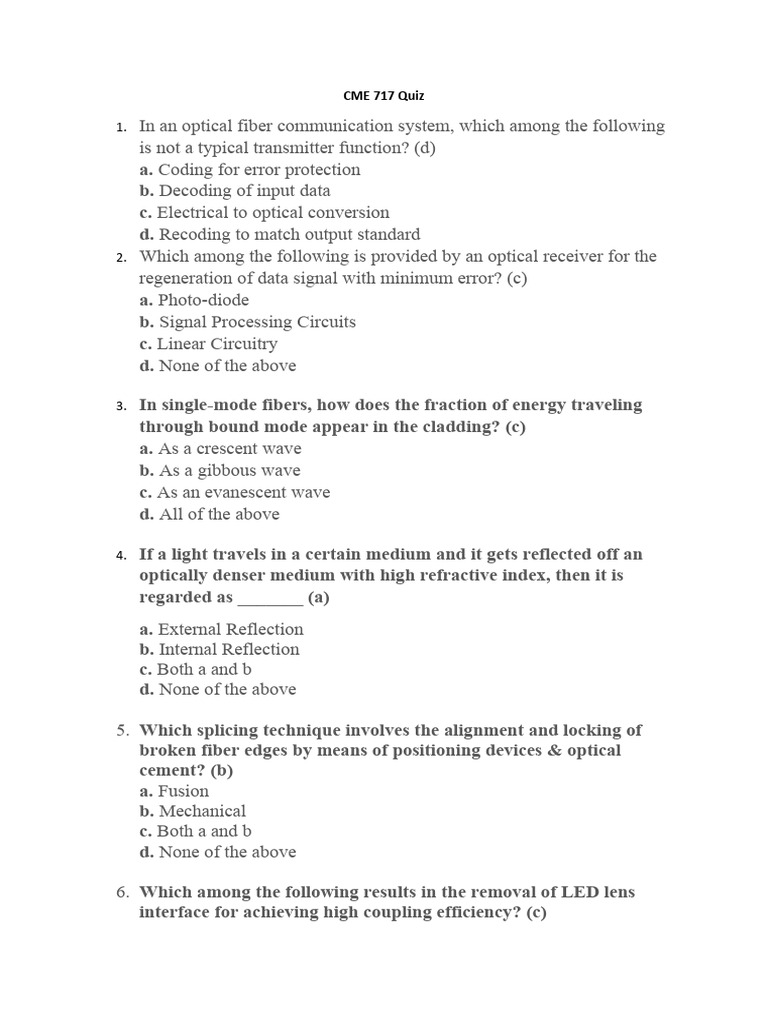 CME 717 Quiz PDF Optical Fiber Optics