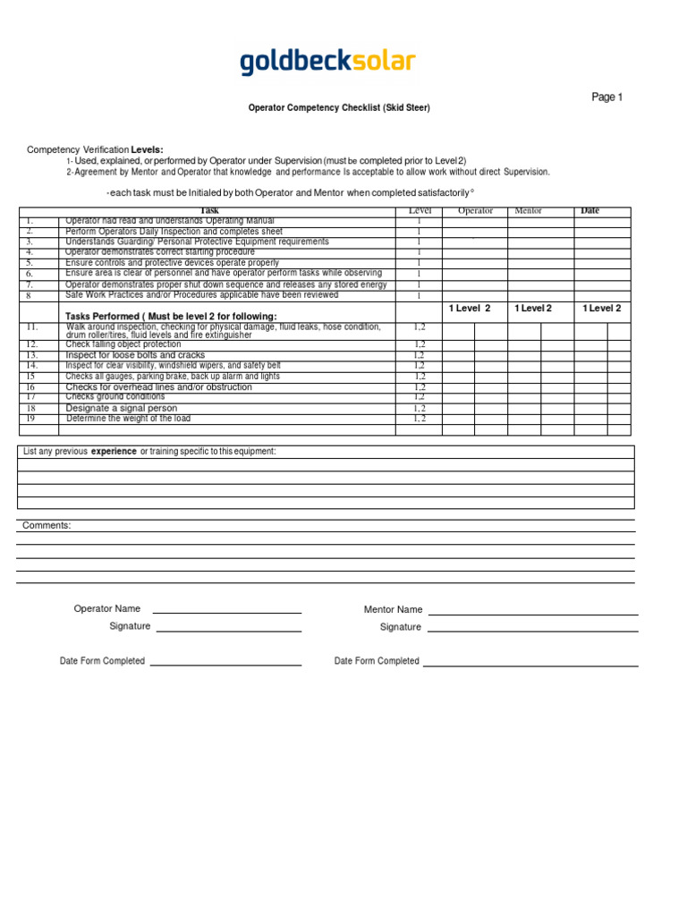 Skid Steer Competency PDF Safety Vehicles