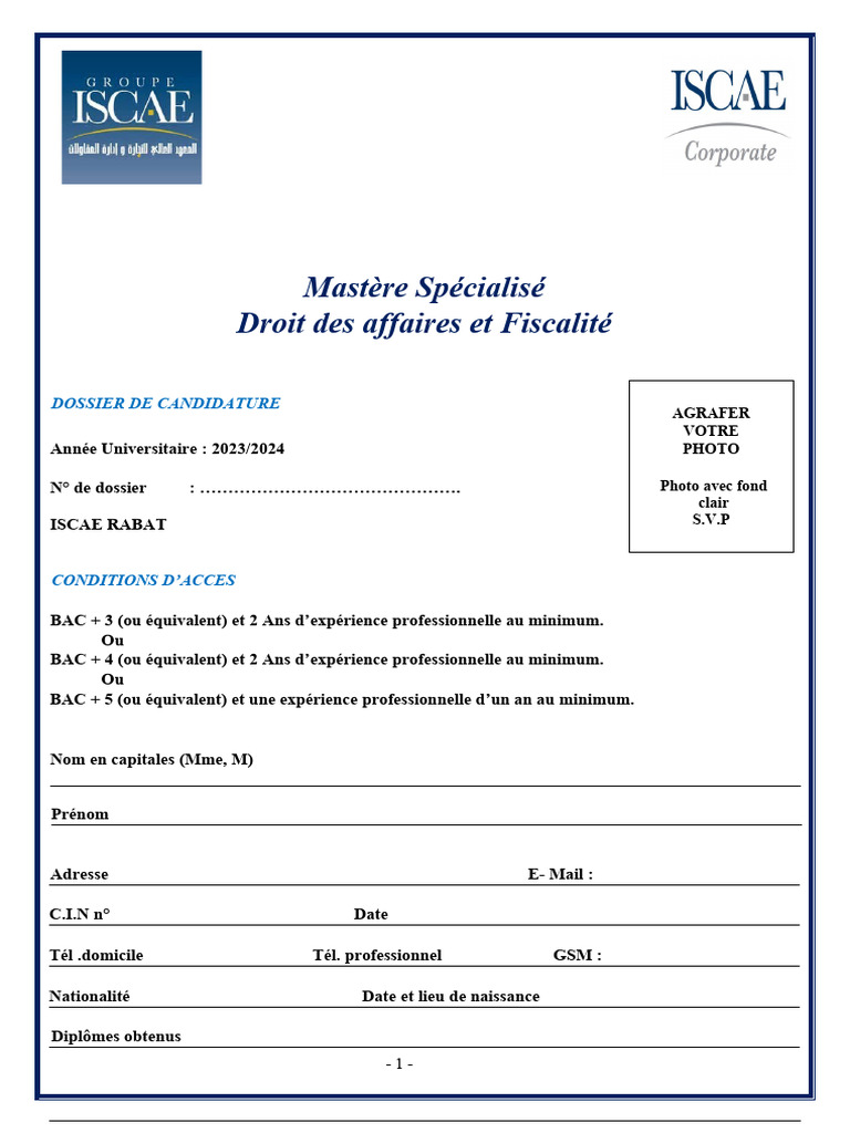 Dossier Dinscription MDAF 2023 2024 | PDF