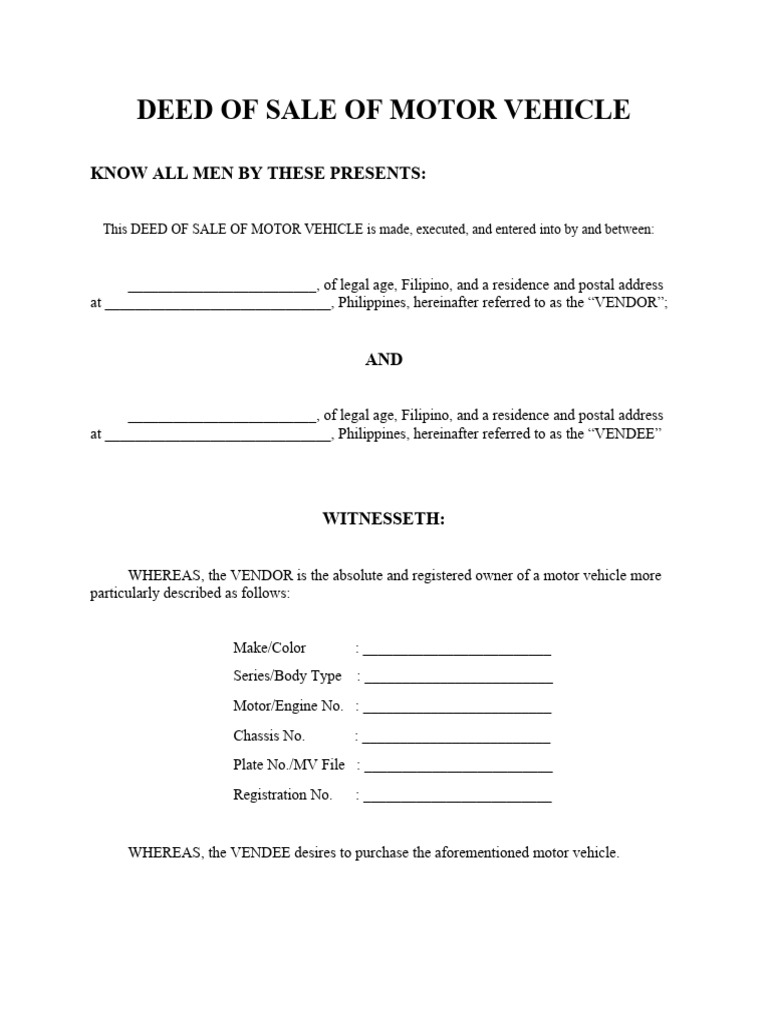 Deed Of Sale Of Motor Vehicle Template