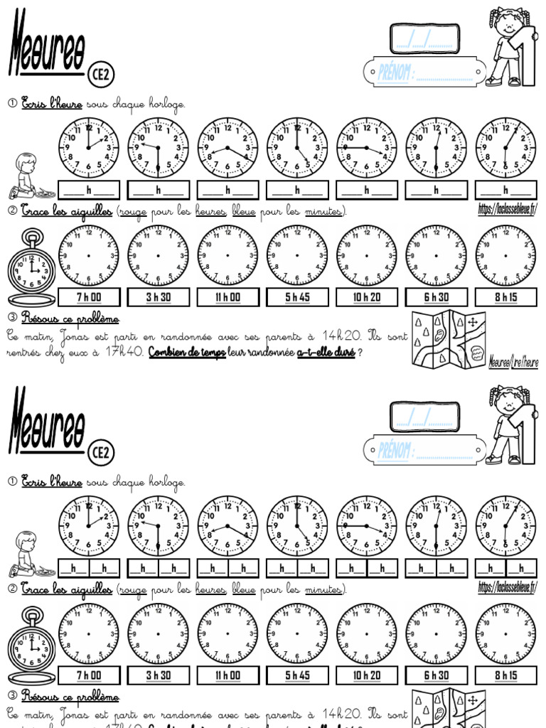 Exercices CE2 : Lire l'heure et problèmes | PDF