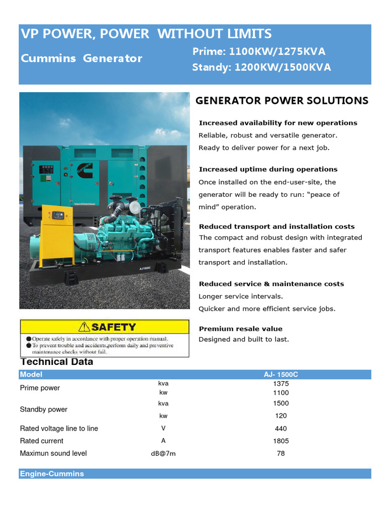 Cummins 1500 KVA Generator Specs | PDF | Engines | Diesel Engine