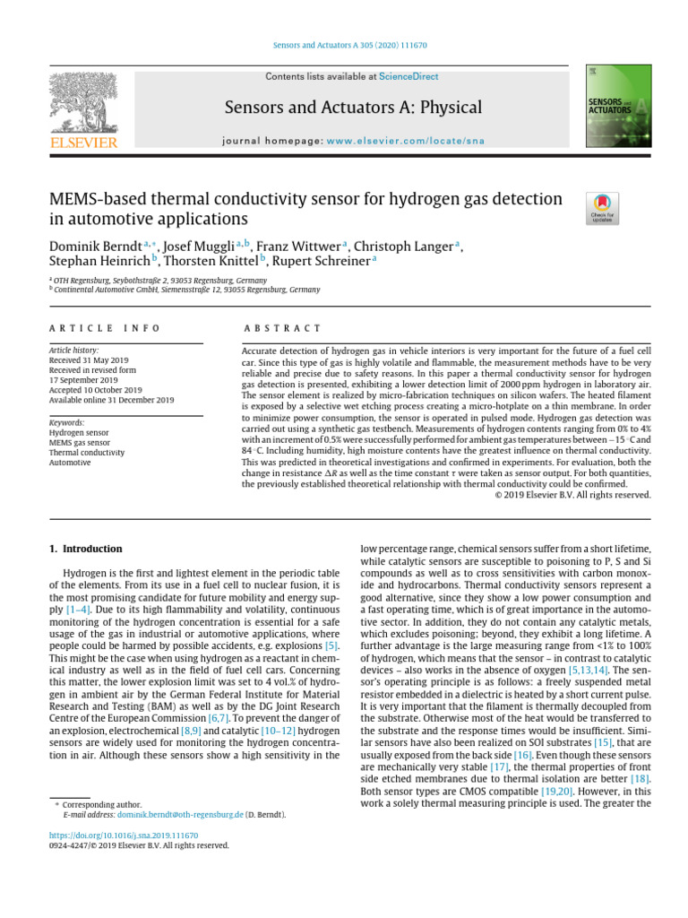 MEMS Thermal Conductivity Sensor for Hydrogen | PDF | Sensor | Hydrogen