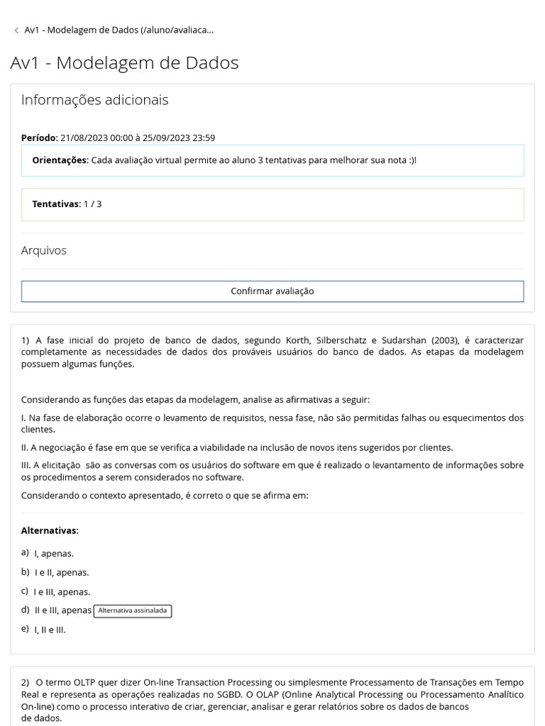 Avaliação de Modelagem de Dados e SGBD | PDF | Armazém de dados ...
